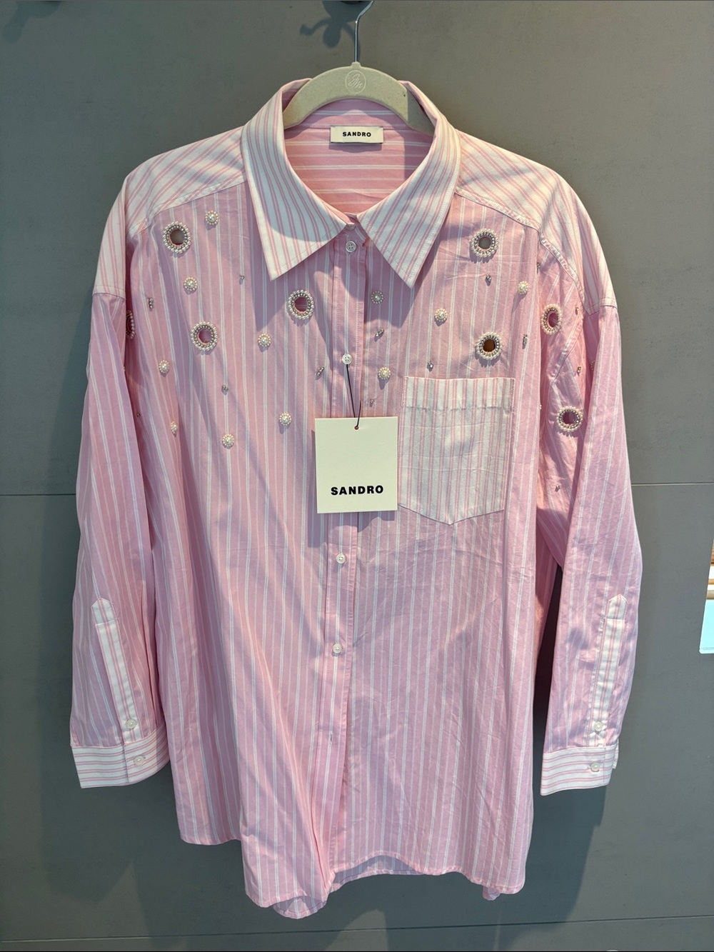Sandro Pink Striped Button-Down Shirt with Eyelet Embellishments